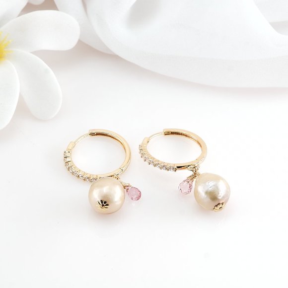 Baroque Pearl & Pink Topaz Hoop Earrings, 14K Gold Filled CZ Hoops - Picture 6 of 11